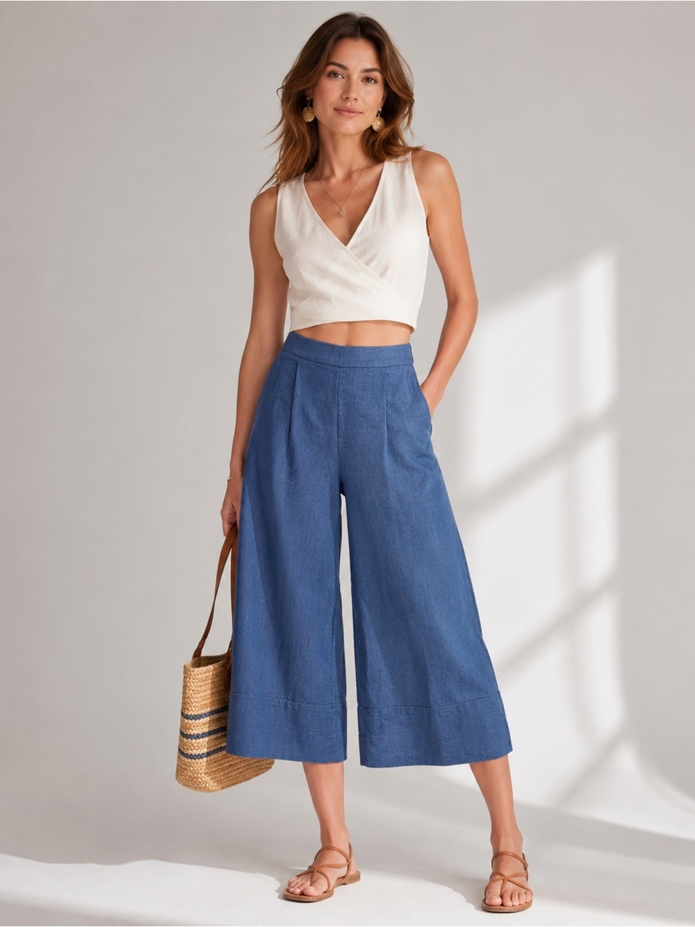 Banana Republic Linen Blend Wide Leg Cropped Pants Blue Herringbone Size Small
